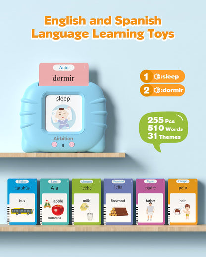 Airbition Bilingual Spanish and English Talking Flash Cards for Ages 2+, Pocket Speech Therapy Toy with 510 Words, Montessori Language Learning Toy, Children's Sensory Learning Kit