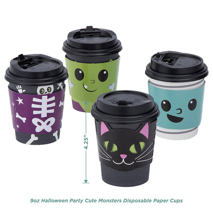 HOME & HOOPLA Halloween Party Cute Monster Disposable Hot Chocolate & Cider Cups With Lids and Scalloped Spider Web Beverage Napkins, 9 Ounce Size (Serves 12)