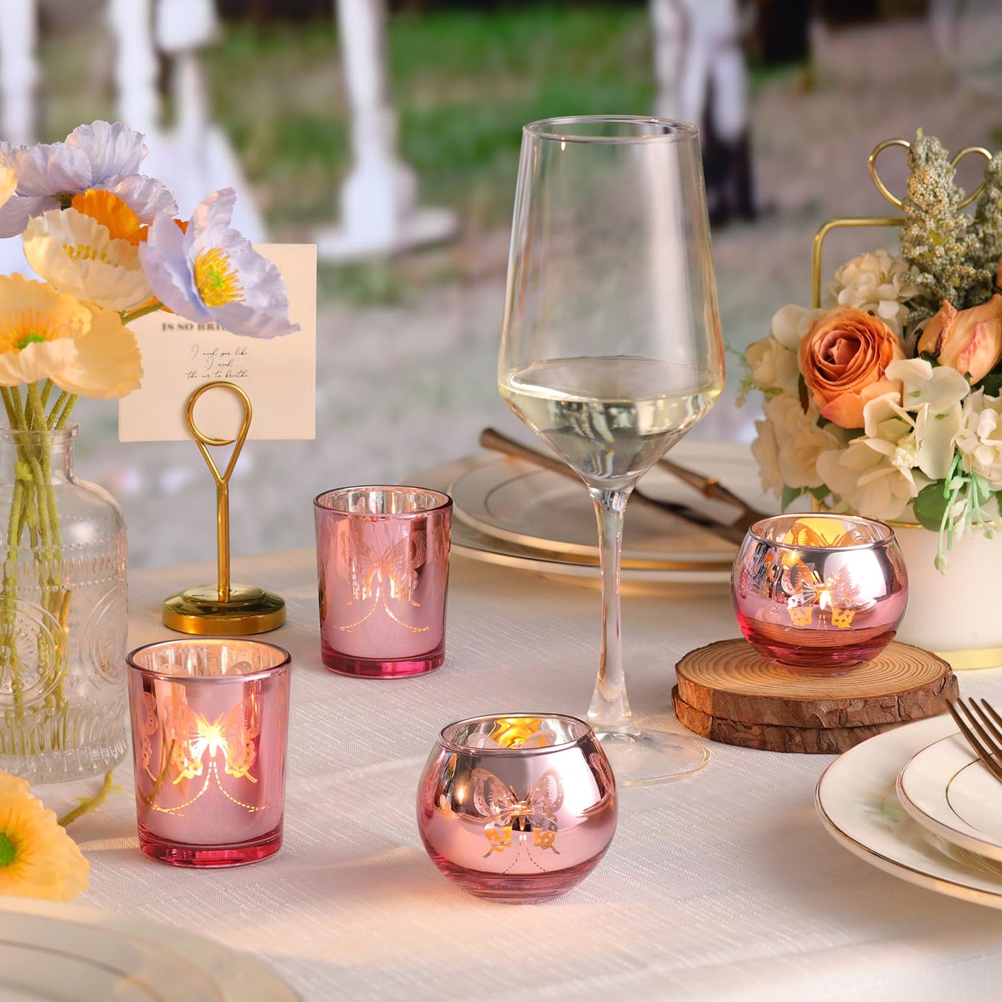 Lanttu Pink 12 Pcs Combination Tea Lights Candle Holder Decorative with Butterfly Pattern, Votive Candle Holders for Wedding, Birthday, Anniversary, Parties, and Holiday Decorations