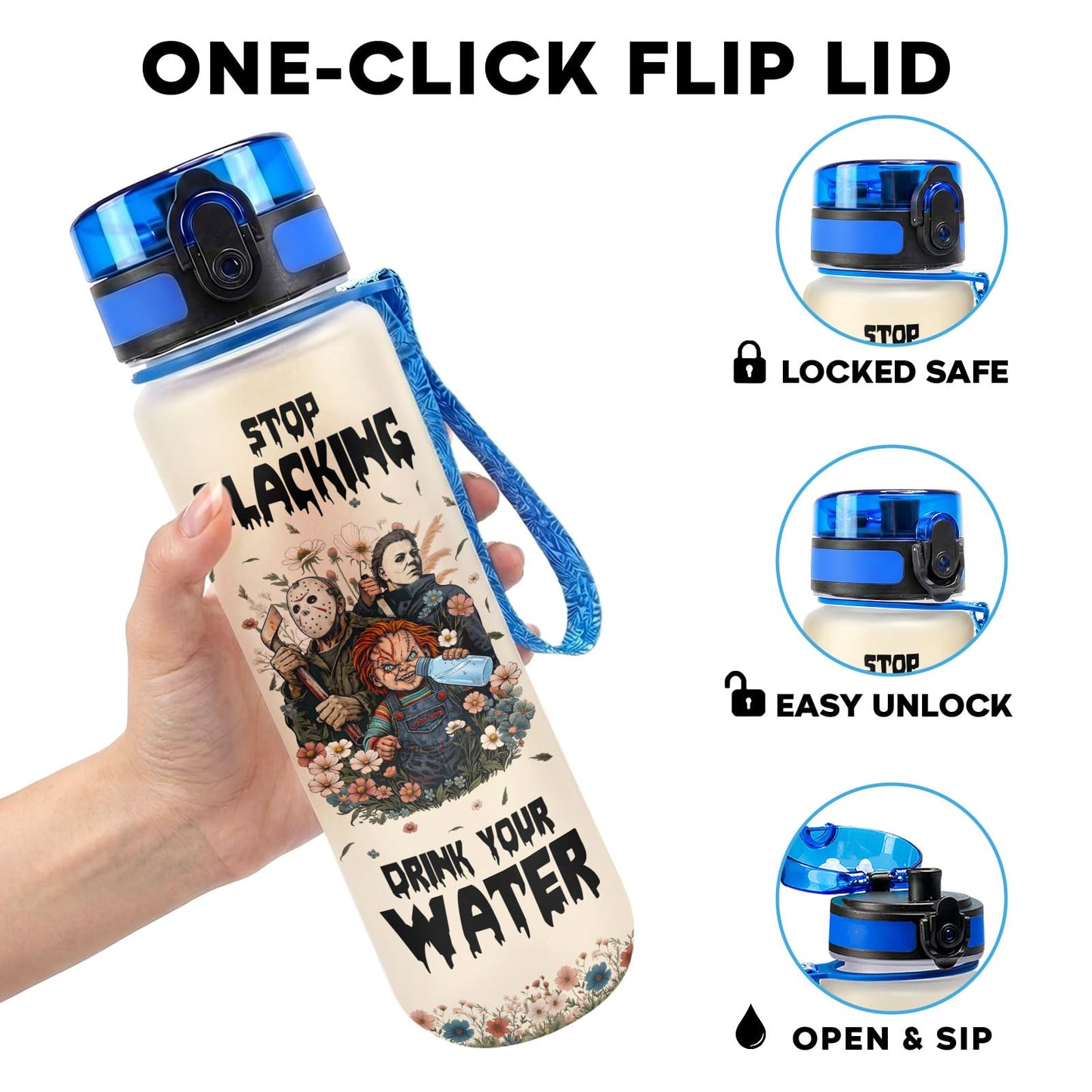 34HD Horror Movie Icons Water Bottle with Time Marker & Straw 32 oz, Horror Mask Birthday Gifts for Fans, Spooky Scary Merchandise Aesthetic Halloween Water Tracker Bottle