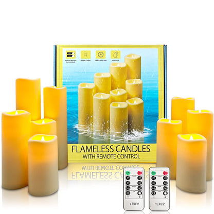 YIWER Waterproof Flameless Candles, Outdoor Battery Operated LED Pillars Candles, Electric Fake Candle Set of 9 with Remotes, Halloween, Christmas Decorations