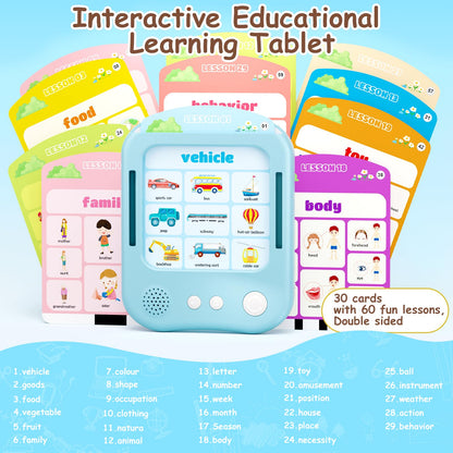 Interactive Educational Learning Tablet Toy for Kids,Screen-Free Phonics Learning Toy with 30 Flash Cards for Alphabets, Numbers, Words, Animals, Learn to Read for Boys Girls 3-5 Years Old, Blue