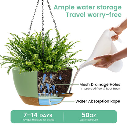 UOUZ 13 Inch 2 Pack Large Self Watering Hanging Planters for Indoor Outdoor Plants, Hanging Plant Pots with Removable 50 Oz Reservoir, Plastic Hanging Basket for Window Porch Garden, Green with Brown