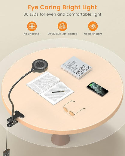 Glocusent 5W 36 LED Reading Clip on Light for Bed, Eye Caring Bed Lamp, 3 Colors & 5 Brightness Levels for Headboard with Adapter, Perfect for Reading, Working & Studying (Black)