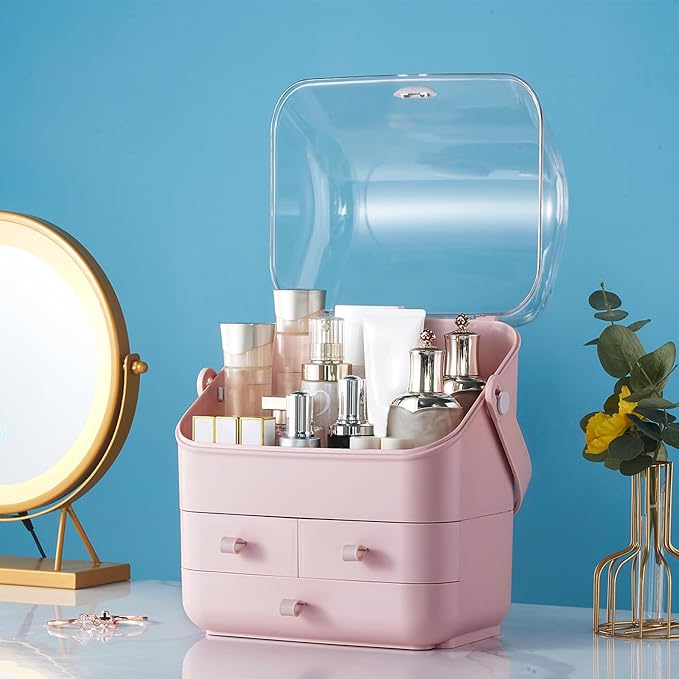 Large Makeup Organizer w Drawers Beauty Organizer Makeup Box Holder Vanity Organization Desk Countertop MakeUp Organizers Bathroom Counter Organizer Skincare Cosmetic Case Stand Dustproof Lid Gift