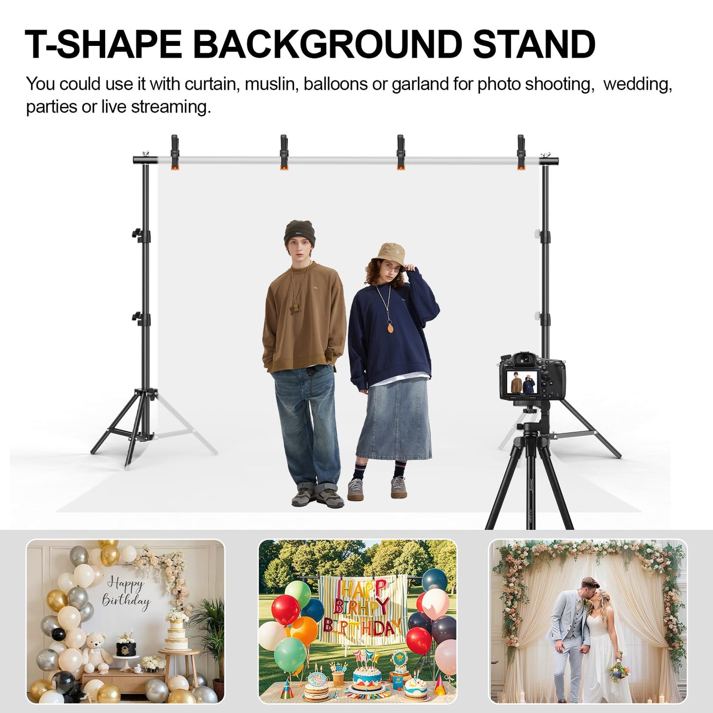 Backdrop Stand 6.5 x 6.5 FT, Adjustable Photography Backdrop Support System Kit with 4 Clamps and Carrying Bag for Parties, Wedding, Photography, Festival Decoration