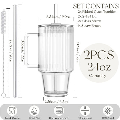 KEMORELA 24oz Ribbed Glass Cups with Lids and Straws,Glass Tumbler with Handle,2 set–Reusable Glass Ice Coffee Cups with Lid and Straw for Smoothies,Tea,Juice,Boba Cup for Cold & Hot Drinks,Travel Cup