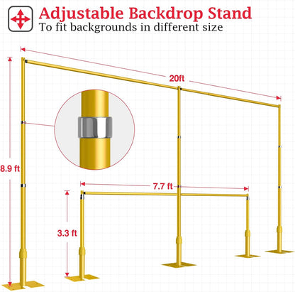 EMART Backdrop Stand Heavy Duty 8.9ftx20ft, Adjustable Pipe and Drape Photo Background Support Kit, Metal Frame with Flat Base for Wedding Birthday Party Banquet Decorations-Gold