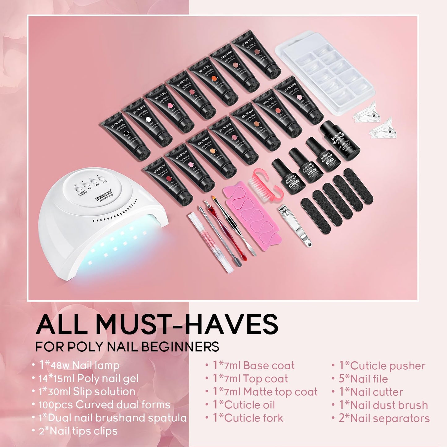 JEWHITENY Poly Extension Gel Nail Kit 14 PCS Poly Gel Kit with Slip Solution and Mini Lamp Nail Art Design Beginner