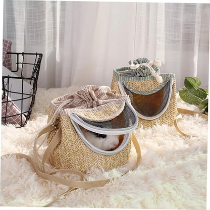 Portable Hamster Carrier with Ventilated Gauze Small Pet Carry-Out Bag Lightweight Straw-Woven Design for Outdoor Travel 5.51X5.51X4.72In
