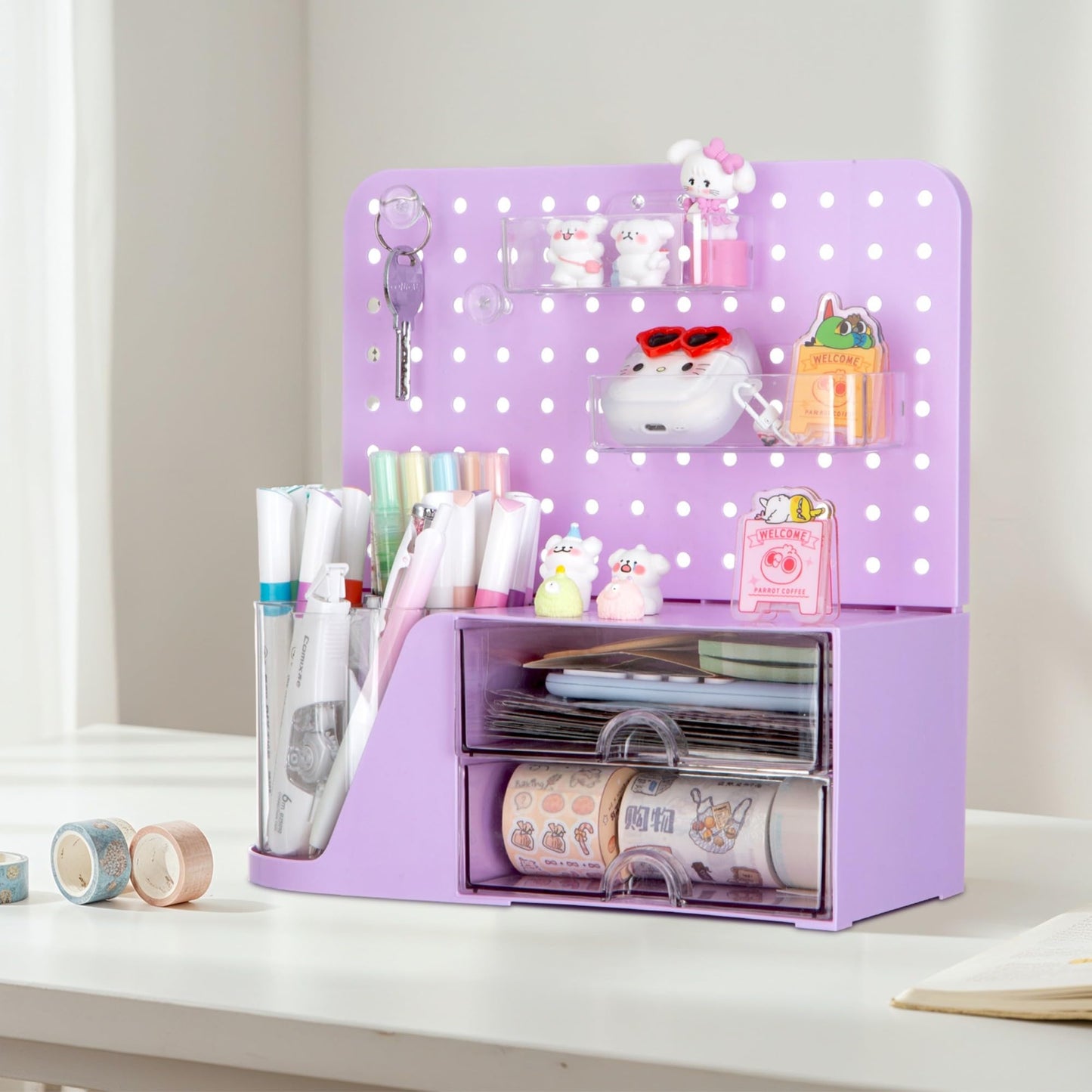 Comix Desk Organizer with Drawer, 360° Rotating Pen Holder for Desk, Pen Organizer with 5 Slots Pencil Holder+Pegboard+2 Drawer for Office Home Art Supplies (Purple)