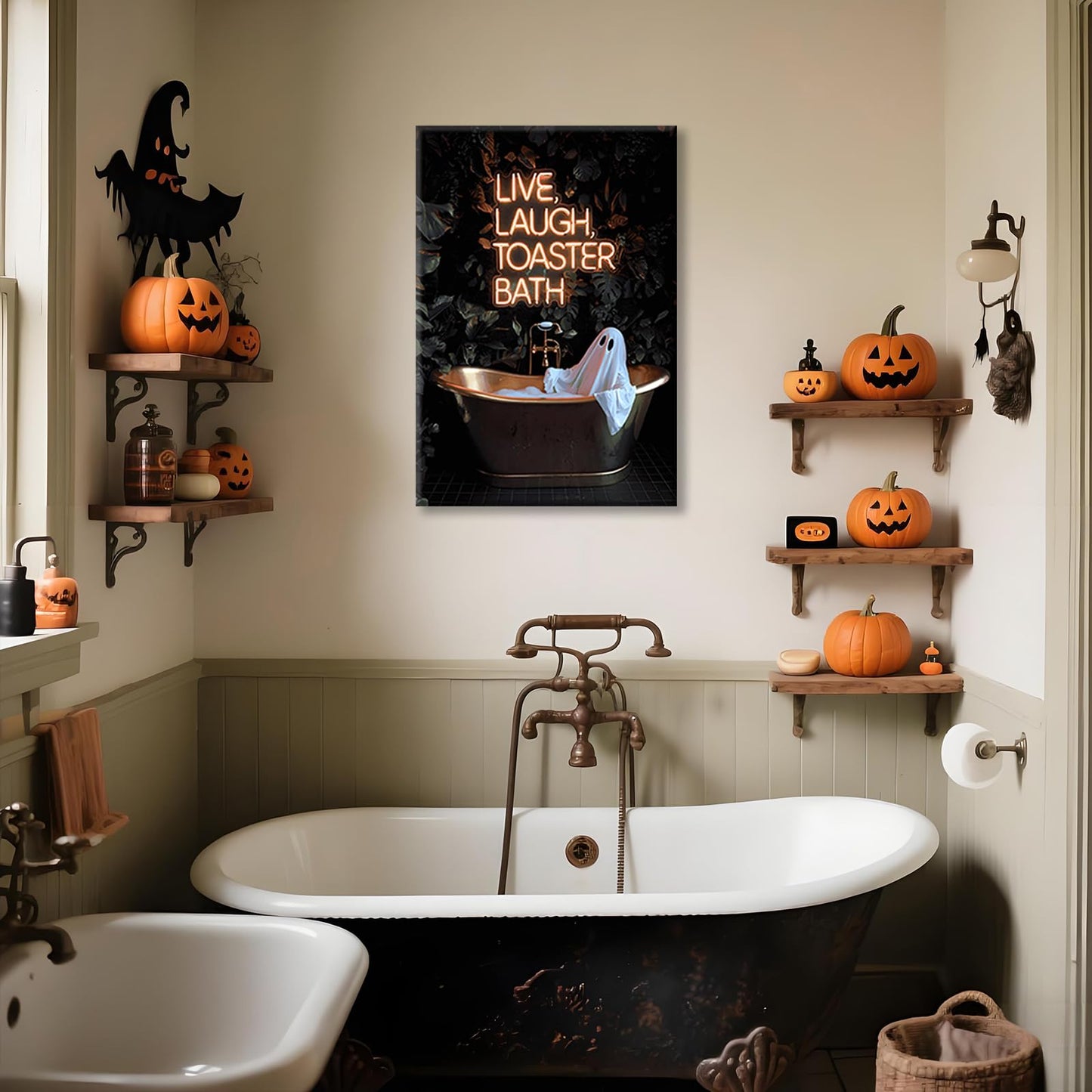 Gothic Ghost Wall Art Funny Live Laugh Toaster Bath Posters Dark Academia Halloween Decor Spooky Witchy Canvas Cute Ghost in Bathtub Prints Pictures for Bathroom Restroom Neon Sign 12x16inch Unframed