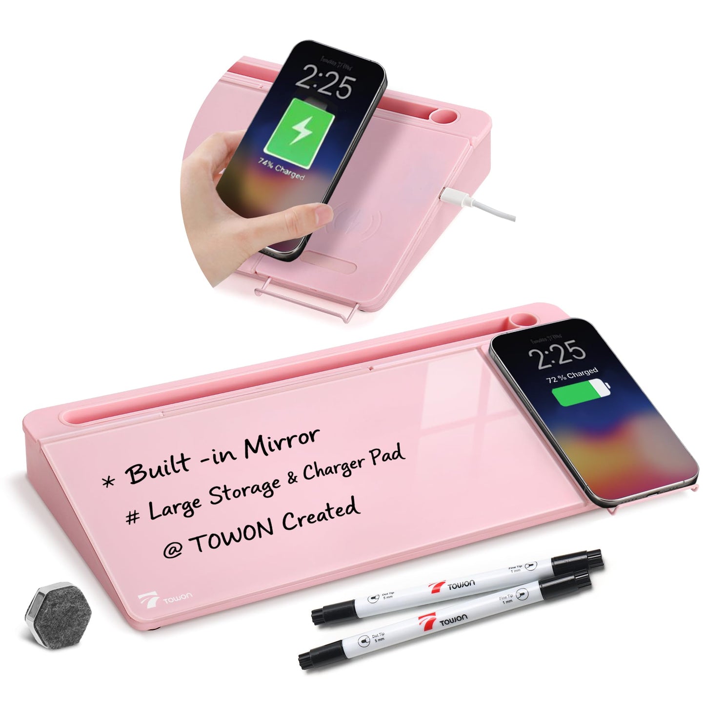 TOWON Desktop Glass Whiteboard with Charger Pad, Small Desk Whiteboard - Glass Dry Erase White Board- Desk Computer Buddy with Storage, Mirror and Charging Station, Pink, 17 x 6 in