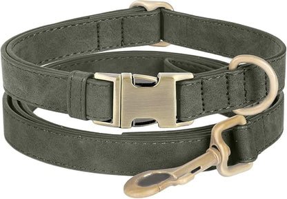 Genuine Leather Dog Collar - Adjustable Pet Collar with Quick Release Metal Buckle, Soft Skin Friendly Real Leather Collar for Small, Medium, Large Dogs (Dark Green Collar + Rope, L：Fit 15-23" Neck)