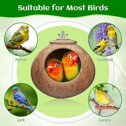 Balacoo Coconut Bird Nest for Cage: Natural Coconut Shell Parakeet Nesting Box, Parakeet Breeding Hut - Bird Cage Accessories for Budgies Cockatiel Conure Lovebirds