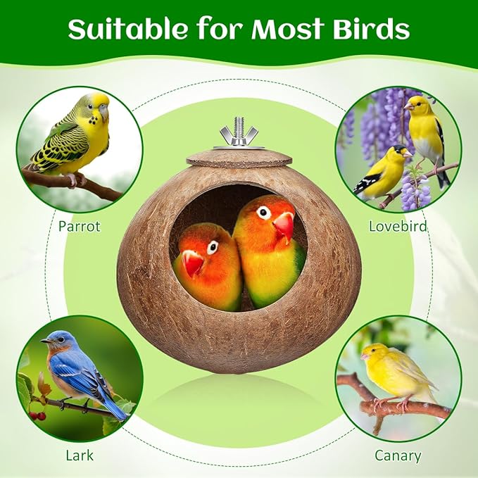 POPETPOP Natural Coconut Fiber Hanging Birdhouse for Cage - Coconut Shell Pet Bird Nest, Hanging Bird Breeding Nest for Parrot Parakeet Lovebird Finch Canary