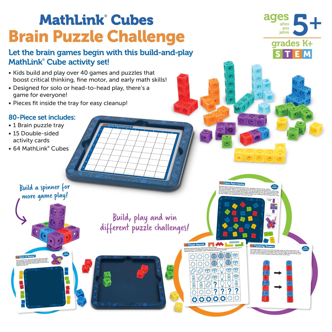 Learning Resources MathLink Cubes Brain Puzzle Challenge, 80 Pieces, Ages 5+, Classroom Must Haves, Preschool Activities, Teacher School Supplies, Math Manipulatives