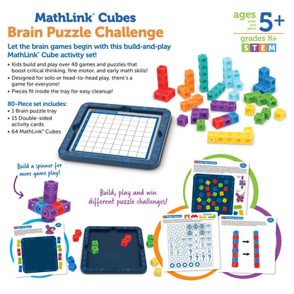 Learning Resources MathLink Cubes Brain Puzzle Challenge, 80 Pieces, Ages 5+, Classroom Must Haves, Preschool Activities, Teacher School Supplies, Math Manipulatives