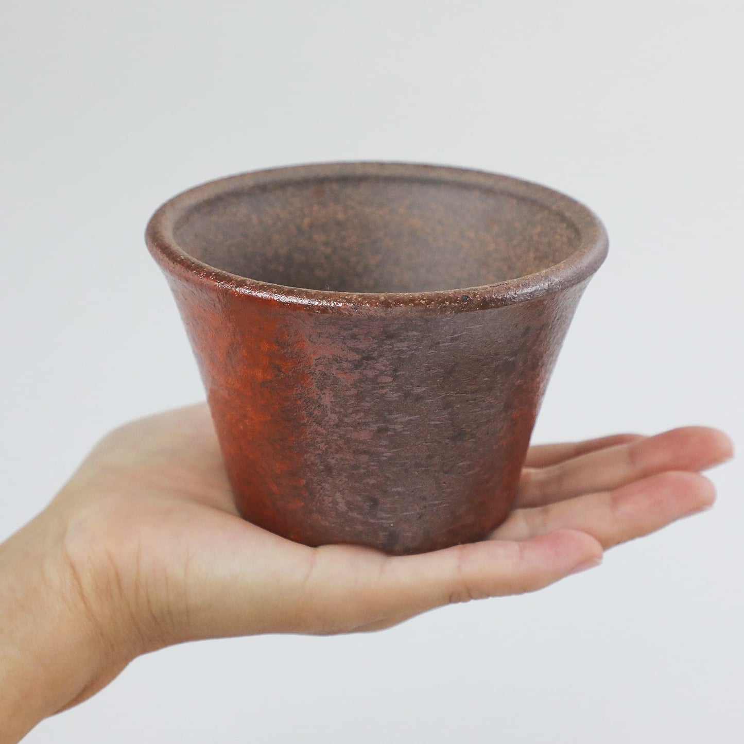 Wazakura Banko Series Small Handmade Rounded Ceramic Bonsai Pot with Drainage Hole 4.3 in (110mm) Made in Japan, Garden Trainning Contanaire, Flower Succulent Houseplant Planter - Red Clay