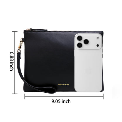DORIS&JACKY Lambskin Leather Wristlet Clutch Purse For Women Large Soft Designer Wallet With Strap… (Lambskin-black, black)