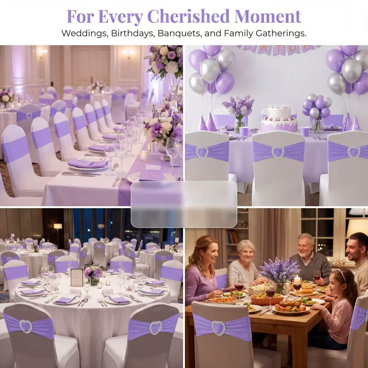 Arkrmce 150 Pieces Chair Sashes & Bows - Stretch Spandex Chair Cover Band with Buckle for Wedding, Hotel Banquet, Birthday Party & Home Bulk Decorations (Purple)