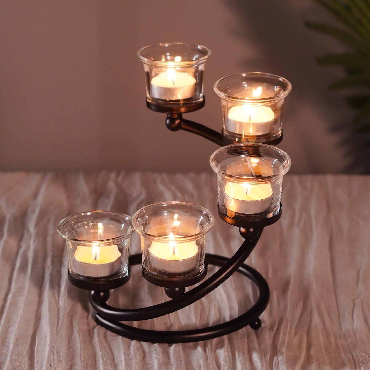 Kolnlala 2Pcs Black 5-arm Metal & Glass Tea Light Candle Holders for Table Centerpiece, Glass Votive Tealight Holders/Candelabra Candlestick Holders for Wedding,Party, Anniversary,Christmas