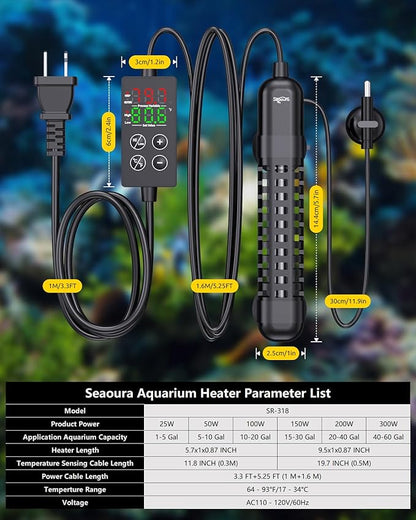 SEAOURA Small Aquarium Heater, 100W Fish Tank Heater for 10-20 Gallon, Submersible Turtle Heater with Digital Display Adjustable Safety Protection, Auto Power-Off When Leaving Water