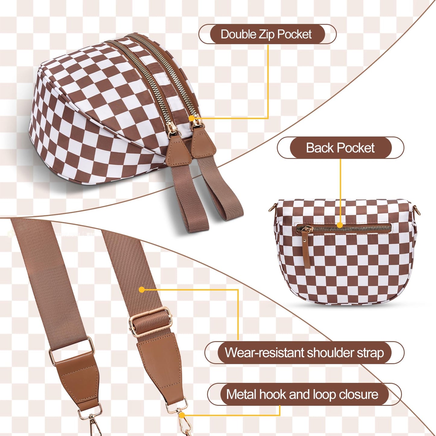 Checkered Crossbody Bag,Nylon Bum Bags for Women Crossbody,Spacious Sling Bag Purse Fanny Packs with Shoulder Strap