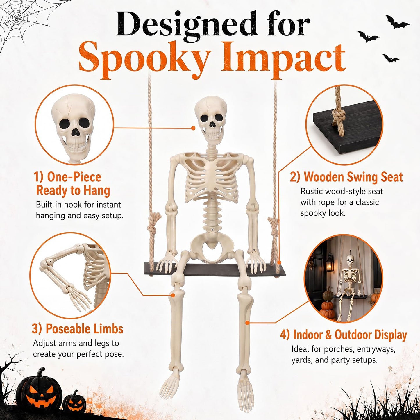 Sintuff Halloween Swinging Skeleton on Swing, Outdoor Swinging Ghost Decor, 35.4" Hanging Skeleton with 13.8" Wooden Seat for Yard, Porch, Tree, Spooky Halloween Decorations