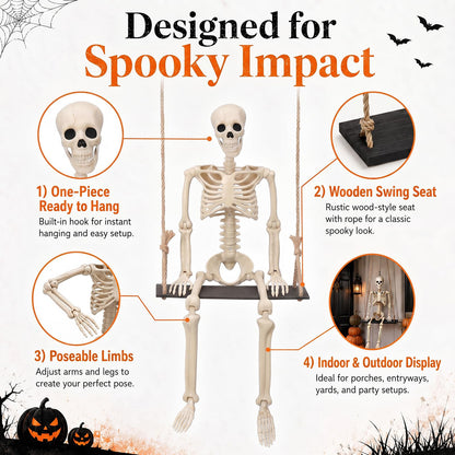 Sintuff Halloween Swinging Skeleton on Swing, Outdoor Swinging Ghost Decor, 35.4" Hanging Skeleton with 13.8" Wooden Seat for Yard, Porch, Tree, Spooky Halloween Decorations
