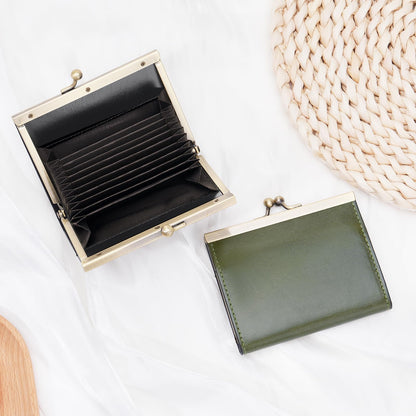 GOIACII Credit Card Holder Vintage Wallet for Women Genuine Leather Ladies Card Cases with Kiss Lock Small Green