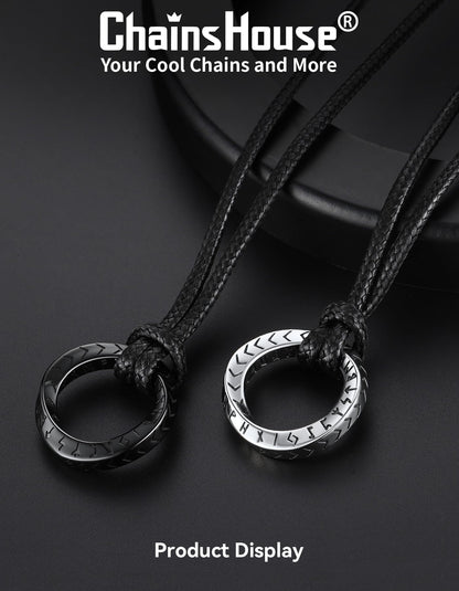 ChainsHouse Viking Runes Mobius Ring Necklace for Men, Stainless Steel Norse Rune Pendant with Adjustable Black Leather Wax Rope Chain 16-32 Inch Nordic Amulet Jewelry