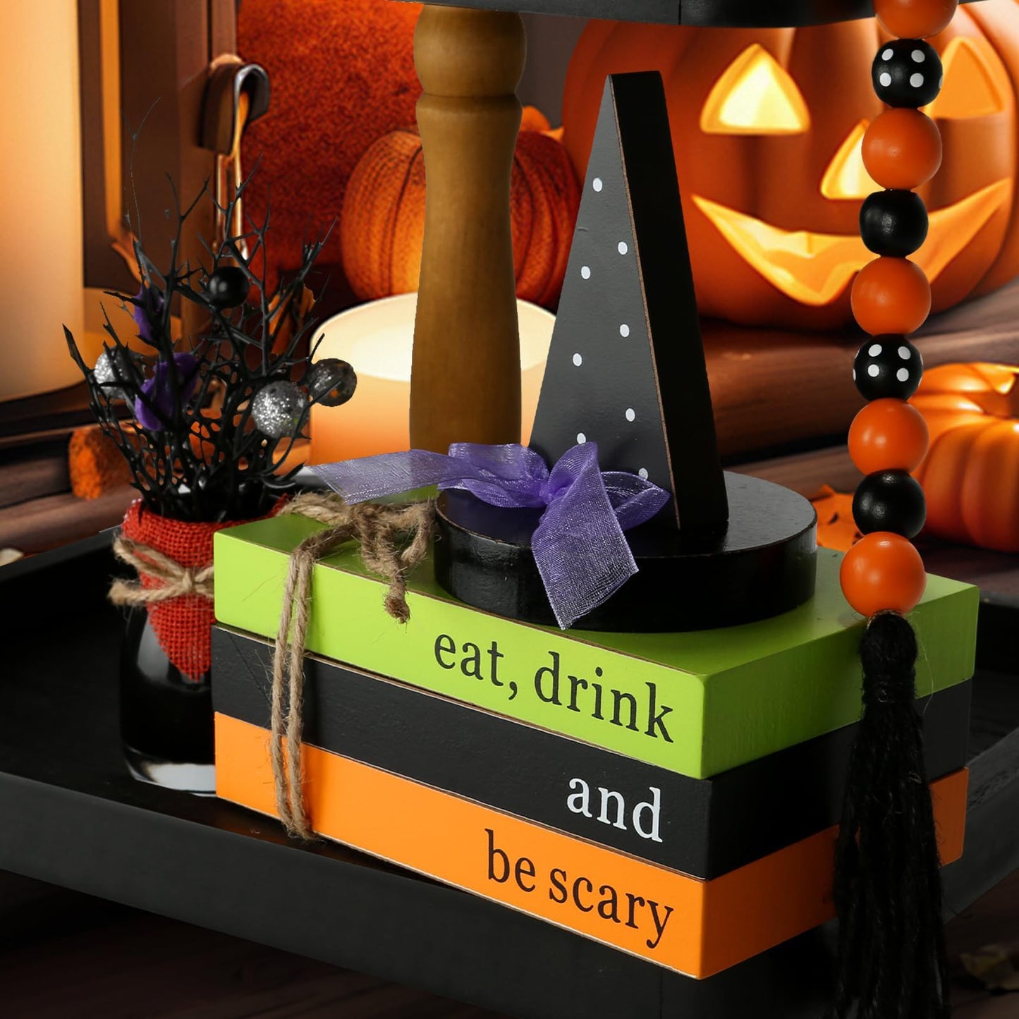 Halloween Decorations 4PCS Table Centerpieces, Cute Tabletop Halloween Decor for Tiered Tray Shelf Mantel Fire Place Office Desk Rustic Farmhouse Wood Faux Book Stack and Witch’s Hat Sign