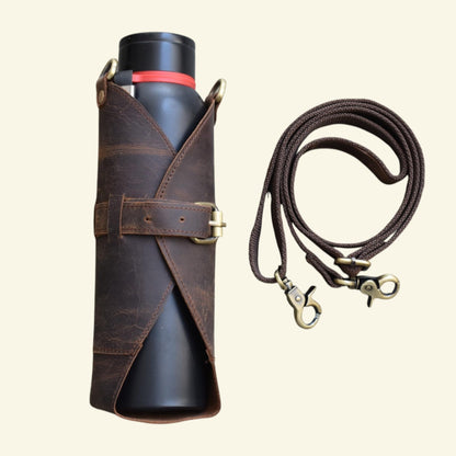 Leather Water Bottle Holder with Strap, Heavy Duty Brass Crossbody Brown Sling Bag, 1 Liter Universal Tumbler Carrier for Travel, Hiking, Walking & Camping (Bottle Excluded)
