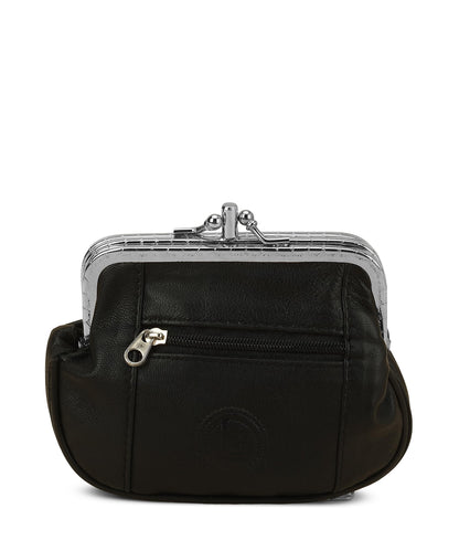 Leatherboss Genuine Leather Large Coin Purse Double Frame Wallet With Zipper Pocket, Black