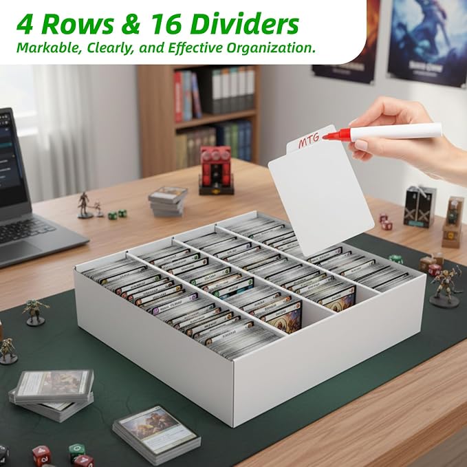 Calenzana 3200-Count Trading Cardboard Card Storage Boxes 1 Pack, 4 Row White Card Box with 16 Dividers, MTG, TCG Card Organizer