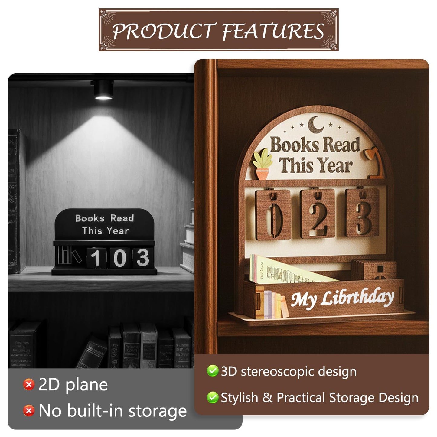 Books Read This Year Counter with 12Pcs Bookmarks, Wooden Reading Tracker Sign for Home Library Decor, Personalized Book Counter Sign Bookshelf Decor, Book Lover Gift for Bookclub Stocking Stuffers