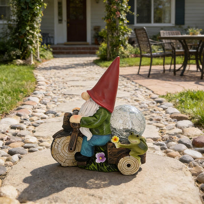 SAMPU Craft Solar Powered Garden Gnome on Motorcycle with Frog and Crackle Glass Globe, Outdoor LED Light Decor for Patio, Lawn, Yard, and Garden (Red)