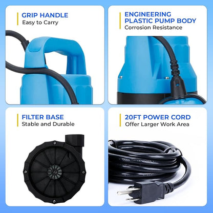 2/5HP Sump Pump 2640GPH Submersible Water Pump with Float Switch, Utility Pumps for Pool Draining, Basement Flooding, Garden Pond Low Water Level with 20ft Power Cord