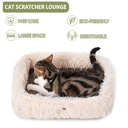 TIGOADT Fluffy Cat Scratcher Lounge Box with Removable Cardboard,Cat Rectangular Bed with Corrugated Board, Pet Scratching Pad for Furniture Protection, Training Toy (Beige)