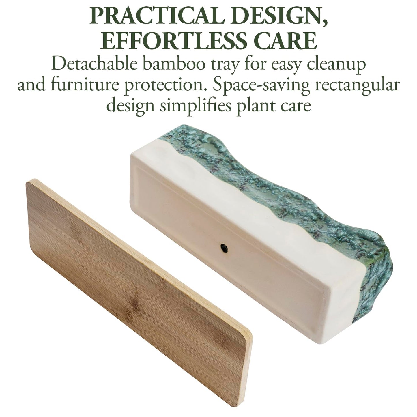 MyGift 13 Inch Large Rectangular Succulent Planter, Decorative Seafoam Green Glazed Beige Ceramic Indoor Plant Container Pot with Removable Bamboo Tray