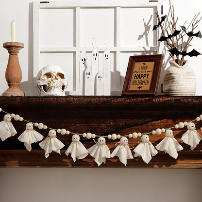 Bunny Chorus Ghost Halloween Banner: 1pc White Ghost Halloween Party Banner with Wood Beads, Cute Ghosts Halloween Garland Halloween Banner Decorations for Home Wall Mantel Doorways Front Decor