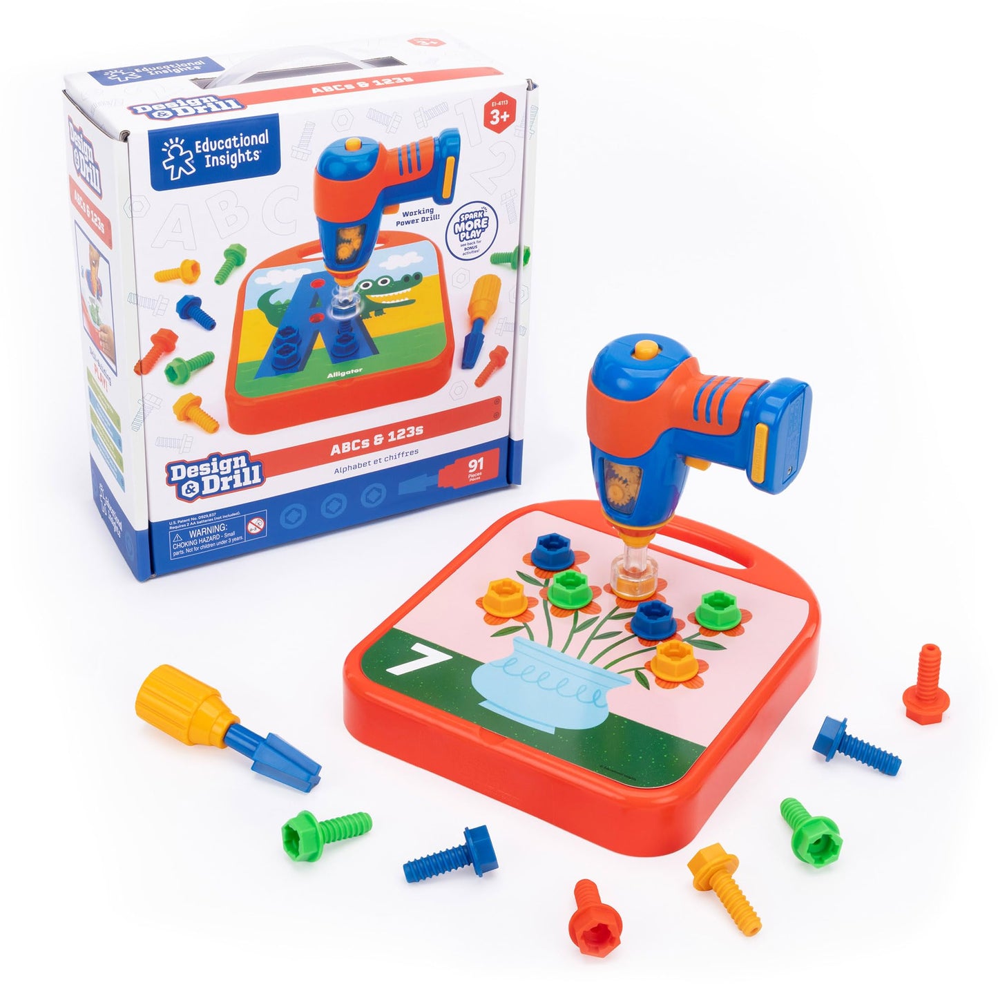 Educational Insights Design & Drill ABCs & 123s - Building Construction Toys for Toddlers, Kids Tool Set with Drill Toy, Preschool Learning Activities, Toddler STEM Toys for 3+ Year Old