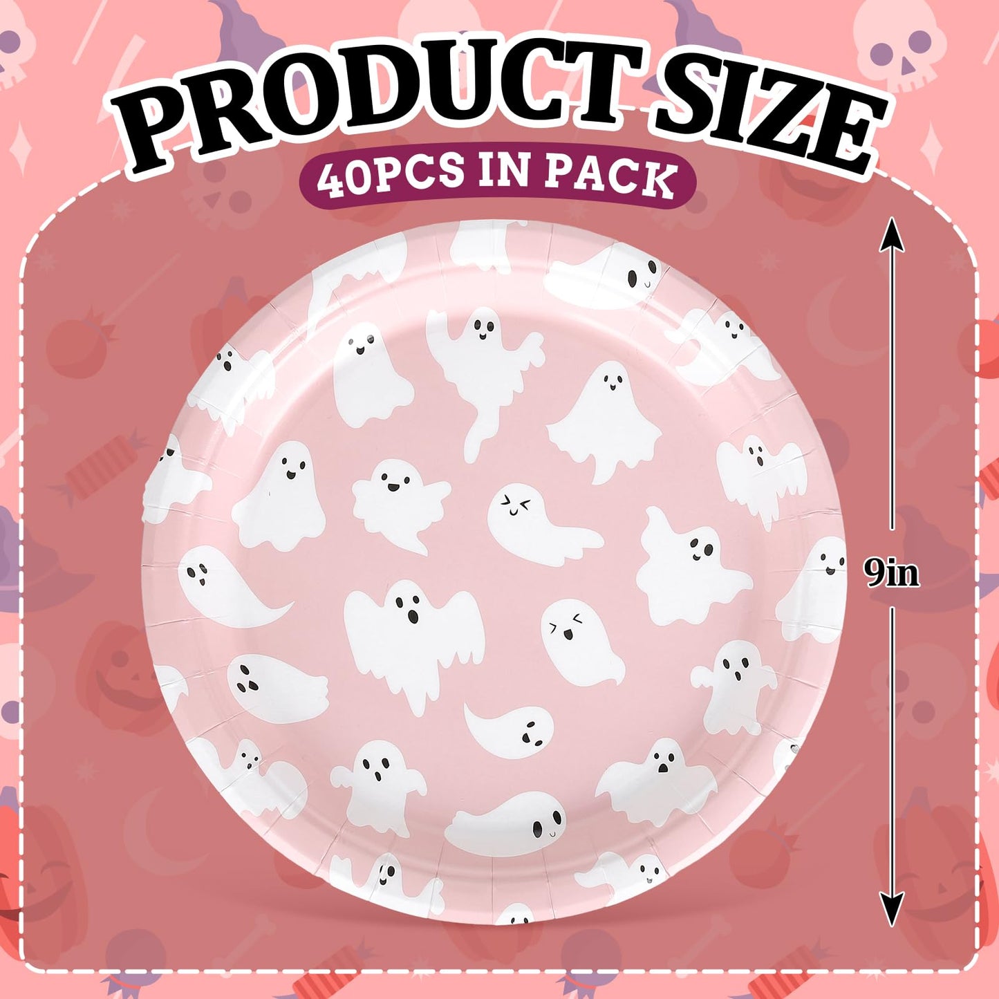 Whaline 40Pcs Halloween Paper Plates Pink Ghost Disposable Plates 9 Inch Cute Cartoon Ghost Decorative Round Plate for Halloween Summerween Party Birthday Baby Shower Table Decor