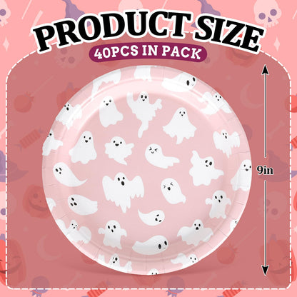 Whaline 40Pcs Halloween Paper Plates Pink Ghost Disposable Plates 9 Inch Cute Cartoon Ghost Decorative Round Plate for Halloween Summerween Party Birthday Baby Shower Table Decor
