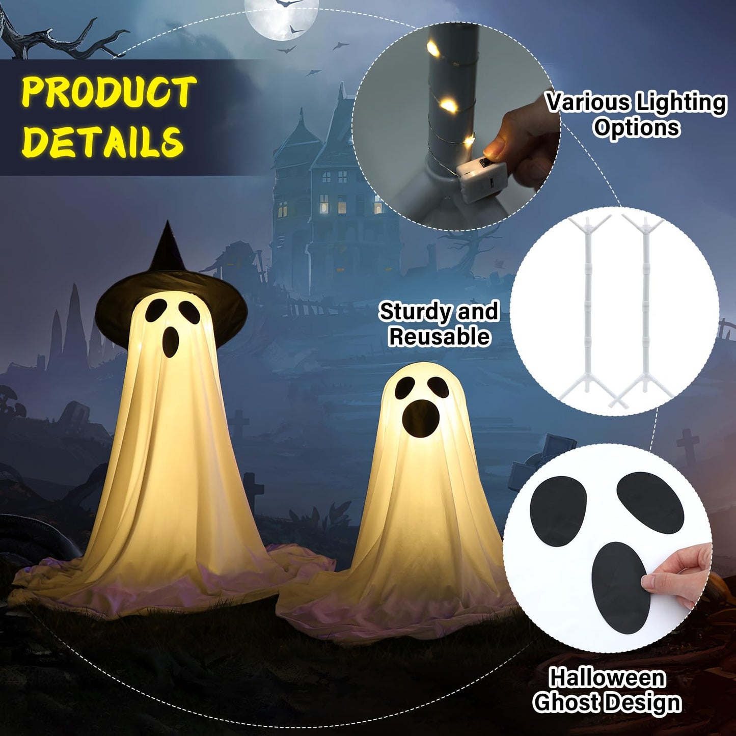 Justforjoyful 4 Packs Halloween Ghost Decor Light Up Ghost Kit Outdoor Indoor Spooky Halloween Party Decorations with Easy Assembly