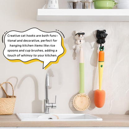 SHBLOMK Adhesive Coat Hooks Key Holder, Creative Adhesive Cute Cat Key Hook, Home Storage Utility Wall Decorations for Hanging Hat, Key, Towel, Scarf, Bags, Punch Free (Black+White)