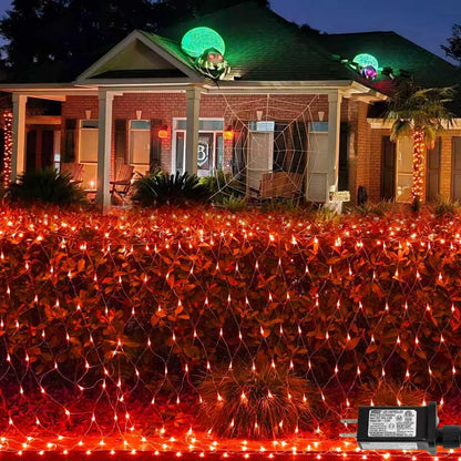 YEGUO Orange Halloween Lights, 12ft x 5ft 360 LED Net Lights Outdoor Mesh Lights, 8 Modes Clear Wire Christmas Bush Light Plug in