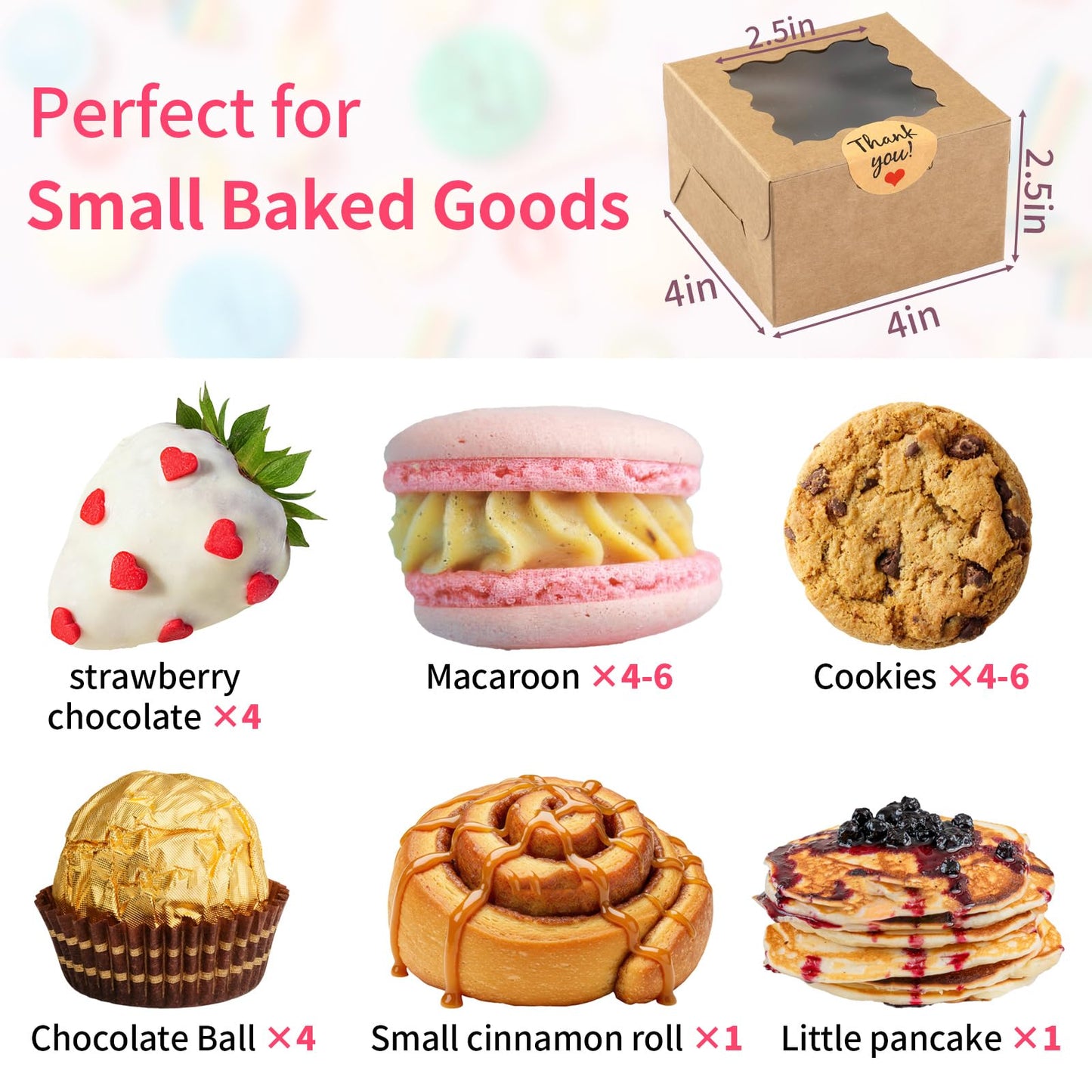 WINKIO 48 Pcs White Cookie Boxes, 4x4x2.5 Inches Bakery Boxes with Window, for Mini Cake Treat Dessert Pastry Donuts Macaroon Strawberries Chocolate Candy (with Stickers)