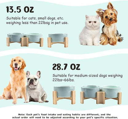 SPUNKYJUNKY 15° Slanted Ceramic Dog and Cat Bowl with Wooden Stand, Tilted Bulldog Food and Water Bowl No Slip Non-Spill for Cats Medium Dogs Big Face Pets 13.5 OZ (1.7 Cups, Morandi Green × 2)